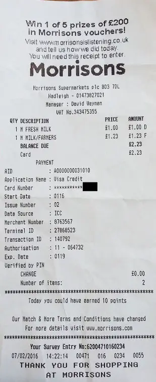 morrison vat receipt codes