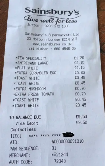 Sainsburys VAT receipt codes
