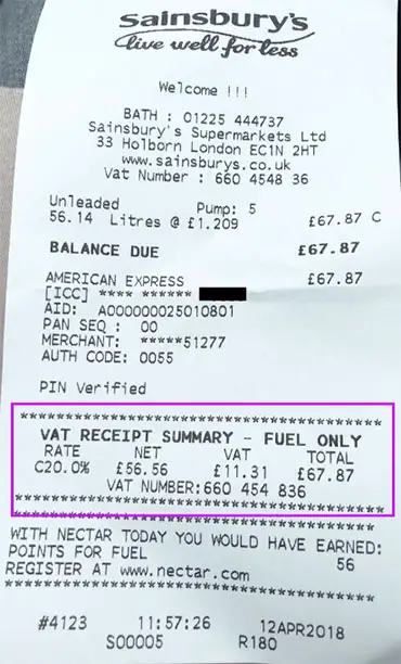 Sainsburys VAT Receipt