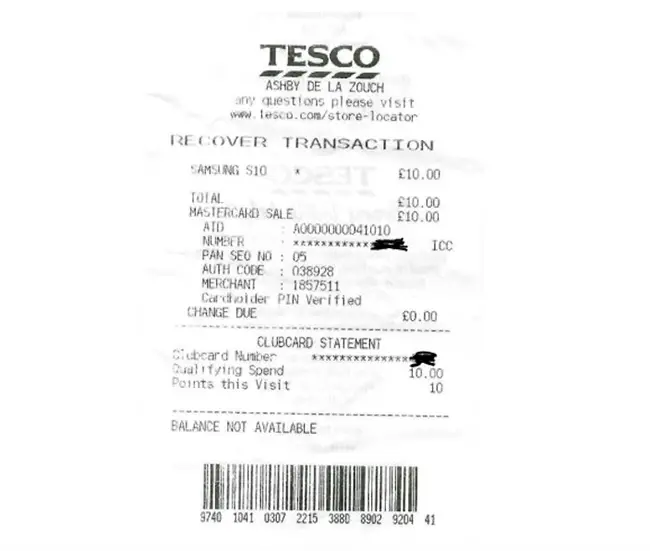 Tesco groceries VAT receipt